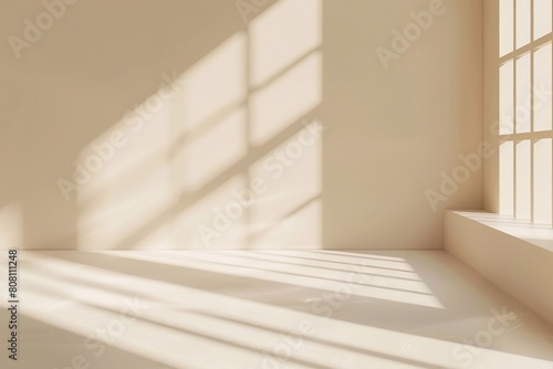 Abstract light beige wall  intricate interplays of light and shadow from the window.