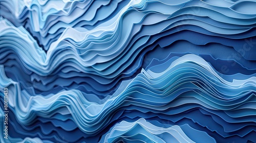 Abstract papercut of a tidal energy installation, with waves crafted from layered blue paper demonstrating motion. photo