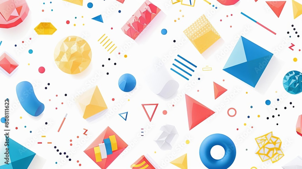 Dynamic scattered geometric shapes on a white background, suitable for playful and modern designs Dynamic scattered geometric shapes on a white background, suitable for playful and modern designs