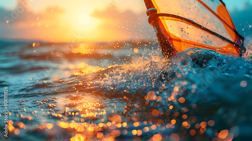 A closeup of Windsurfing Windsurf board, against Water as background, hyperrealistic sports accessory photography, copy space