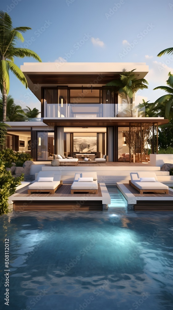 Stunning modern villa featuring an infinity pool with a panoramic view of the ocean set against a beach backdrop