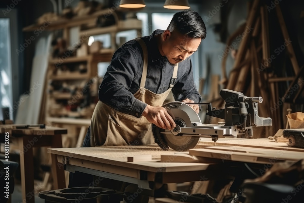 Dedicated carpenter crafting wooden plank in workshop, skilled carpenter worker concept Dedicated carpenter crafting wooden plank in workshop, skilled carpenter worker concept