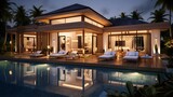 A serene atmosphere as twilight sets in over an elegantly designed villa with a peaceful pool area, stylish outdoor lighting enhancing the mood