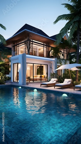 An elegant villa's pool area bathed in soft dusk light, featuring warm interior lighting and tropical surroundings