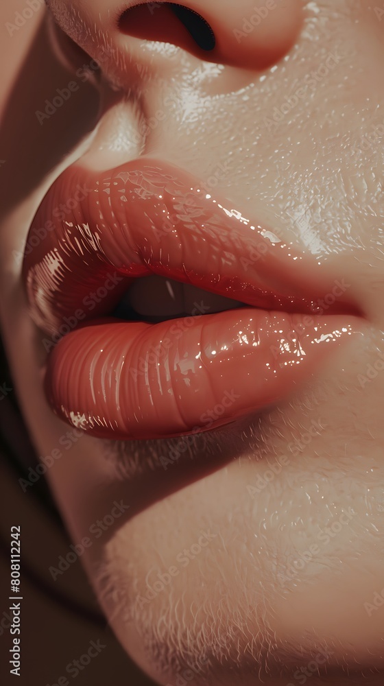 Fototapeta premium A sensual close-up image highlighting the glossy texture of full pink lips