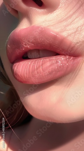 This macro photograph shows a female s shiny pink lips with a sparkling visual texture