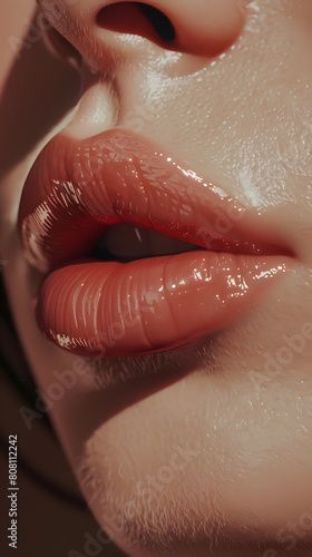 A sensual close-up image highlighting the glossy texture of full pink lips