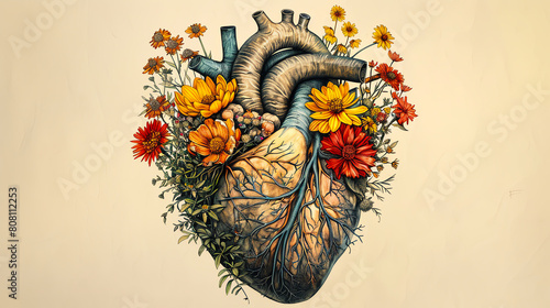 Yellow and red flowers growing around the heart.
