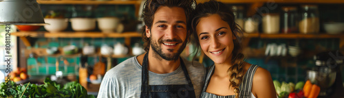 Young couple smiling in the kitchen.