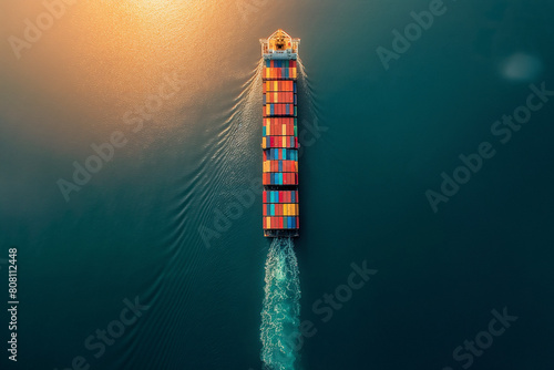 Aerial top view of large container ship full loaded with containers and cargo, cargo carrying full container for logistic transportation