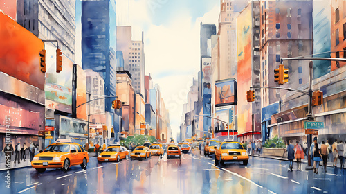 Illustrate a watercolor background of a bustling New York street scene, with the vibrant life of the city captured in soft hues