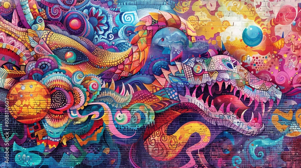 Obraz premium Capture a tilted angle view of traditional customs reimagined as vibrant street art Infuse leadership principles into the artwork with a graffiti-inspired style and bold colors