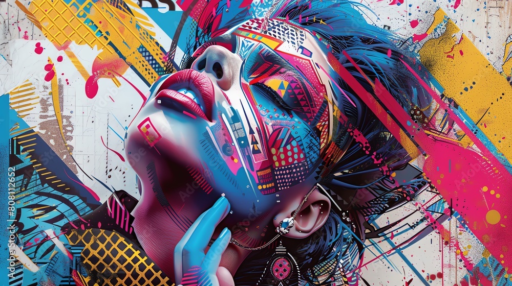 Capture the intricate details of fashion trends fused with vibrant street art elements Use unexpected camera angles to highlight the fusion of patterns and colors