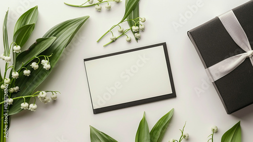 An artistic composition with a blank greeting card, a spray of lily of the valley flowers laid out in a graceful curve, and a sleek, black gift box, 