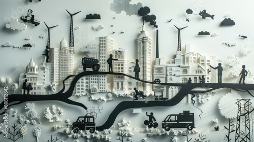 An artistic papercut showing people using various gadgets and vehicles powered in the city, depicted with black energy in lines.