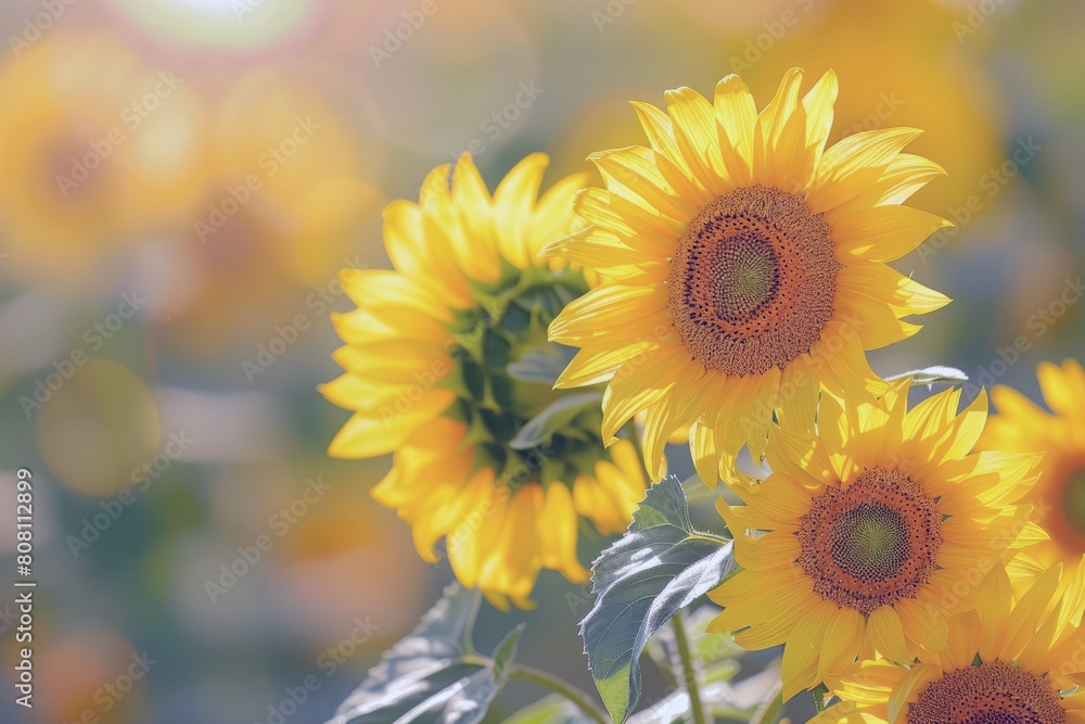 Field of sunflowers swaying gently in the breeze, their bright yellow petals turned towards the sun Field of sunflowers swaying gently in the breeze, their bright yellow petals turned towards the sun