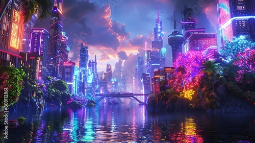 Illustrate a futuristic metropolis in a digitally rendered virtual reality photo