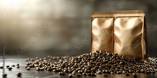 Mockup of Coffee Paper Bag Packaging with Spilled Beans Designed in Photoshop. Concept Coffee Packaging, Paper Bag, Spilled Beans, Photoshop Design, Mockup photo