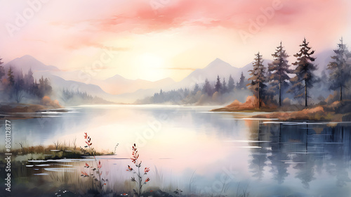 Illustrate a watercolor background depicting a serene lakeside at dawn, with mist rising from the water photo