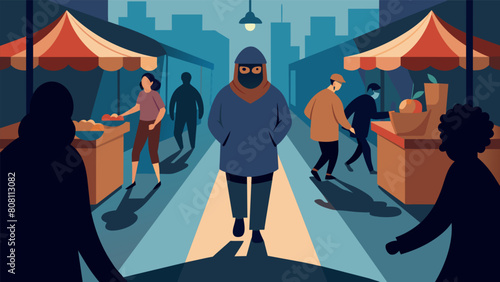 A person walking through a market their fear filter making them see every stranger as a potential thief or attacker..