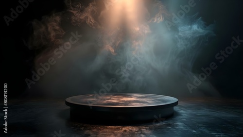 Dramatic Setting: Dark Podium on Smoky Background with Spotlight. Concept Photography, Stage Setup, Lighting, Creative Ideas, Visual Composition