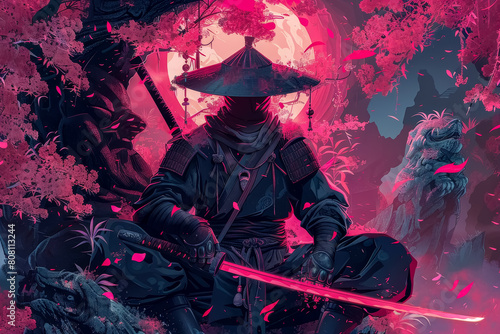 A Japanese ninja in stay mode surrounded by coral pink elements