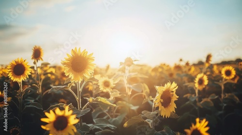 Field of sunflowers swaying gently in the breeze, their bright yellow petals turned towards the sun photo
