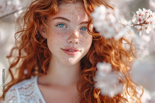 Beneath the Cherry Blossoms  Smiling Cute Girl with Long Curly Red Hair. Portrait in White Lace Dress. Soft  Natural Light Adds Beauty.