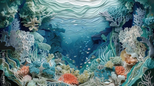 An intricate papercut showing a coral reef with water levels visibly higher  threatening marine ecosystems.