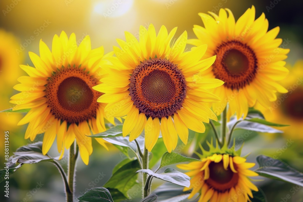 Obraz premium Field of sunflowers swaying gently in the breeze, their bright yellow petals turned towards the sun