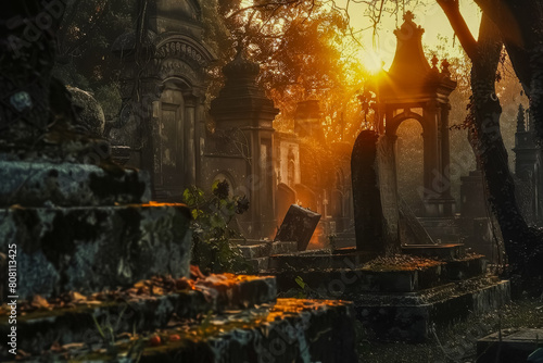 A close-up shot of a necropolis at sunset, with eerie shadows and crumbling statues creating a hauntingly beautiful scene