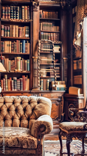 Wallpaper Mural A close-up view of a light library with vintage books and ornate furniture Torontodigital.ca