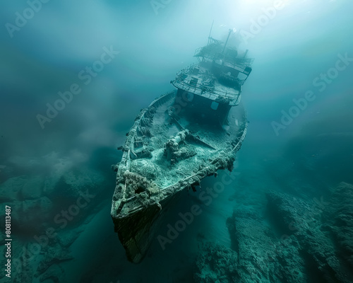 A close-up view of a wreck diving site, capturing the haunting beauty of a forgotten shipwreck beneath the waves photo