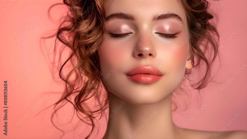 Beautiful young woman with eyes closed on a pink background: beauty and cosmetics. Concept Beauty, Cosmetics, Portrait Photography, Young Women, Pink Background Beautiful young woman with eyes closed on a pink background: beauty and cosmetics. Concept Beauty, Cosmetics, Portrait Photography, Young Women, Pink Background