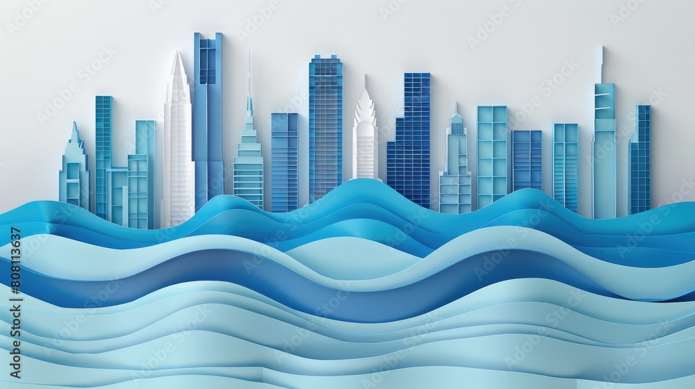 Papercut art of a coastal city skyline with gradually rising blue paper waves, symbolizing the threat of sea level rise. Papercut art of a coastal city skyline with gradually rising blue paper waves, symbolizing the threat of sea level rise.