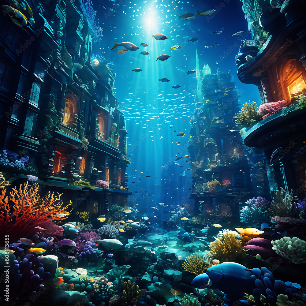 An ocean-themed landscape showing a city built beneath the waves, underwater metropolis 