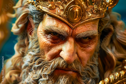 A mythological king portrayed in a close-up shot, his regal features and expression conveying power and authority