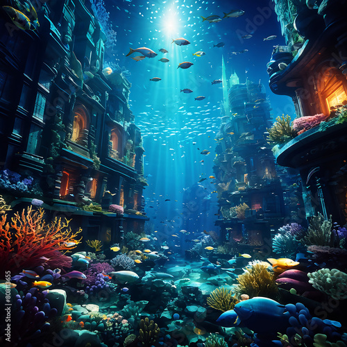 An ocean-themed landscape showing a city built beneath the waves  underwater metropolis 