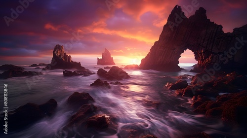 Beautiful seascape at sunset. Panoramic view of the rocks in the sea.