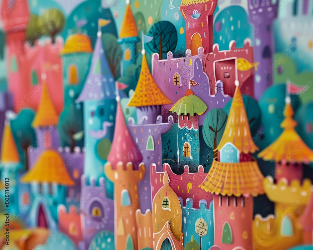 Close-up of a childrens book illustration featuring whimsical characters in a magical kingdom