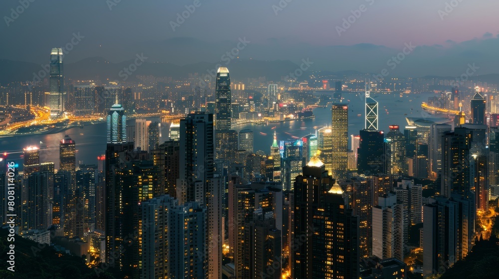 Dazzling City Nightscape with Illuminated Skyscrapers and Flowing Traffic Trails