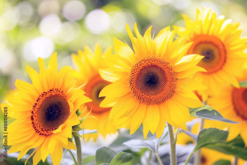 Obraz premium Field of sunflowers swaying gently in the breeze, their bright yellow petals turned towards the sun