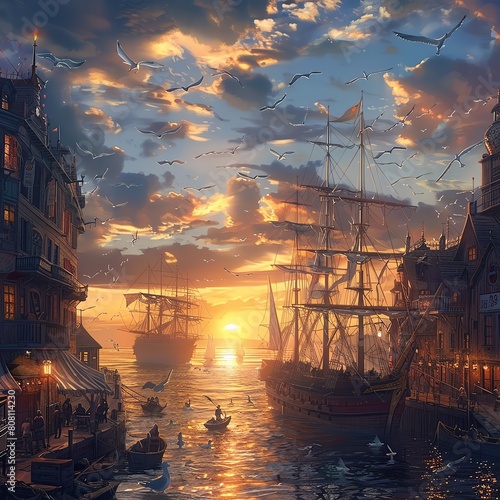 A bustling sea port at sunset, with ships docked and seagulls flying overhead. photo