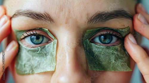 Close-up of a person applying green tea bags under eyes, a natural remedy for anti-aging and puffiness. photo