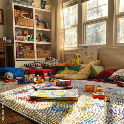 A child's play mat with various toys and books scattered around in a sunny room.