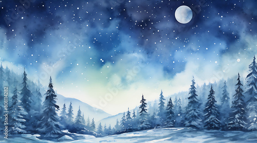 Illustrate a watercolor background of a magical winter night, with a clear sky, full moon, and a snow-covered landscape © Graphics Bar