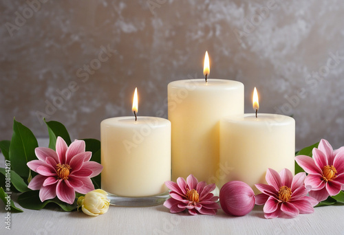 Handmade organic candle and flower arrangement for a relaxing spa experience 