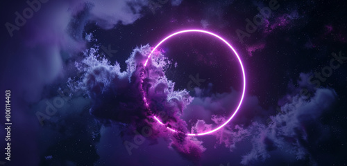 Lavender neon light ring surrounds an abstract cloud in a 3D dark sky.