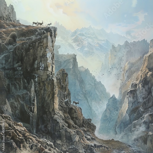 A rugged mountain landscape with wild goats navigating steep cliffs.