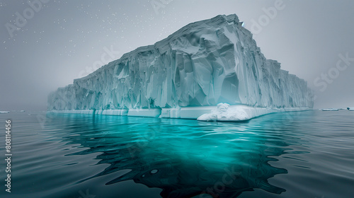 A large ice block with a blue water surrounding it